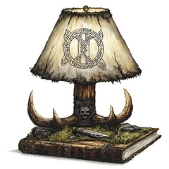 Fantasy Table Lamp on Ancient Book with Runes and Antlers