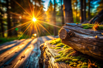 beautiful sunset shines through trees, illuminating mossy logs in forest