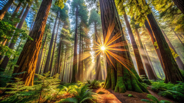 Majestic redwood forest with sunlight streaming through trees, creating magical atmosphere