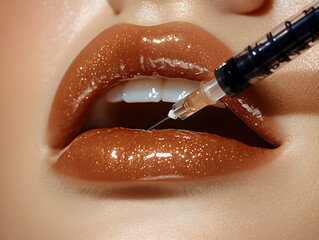 Fototapeta premium Girl Receiving Lip Enhancement Procedure. Woman getting cosmetic injection of botox