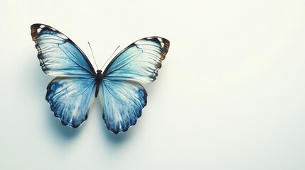 A vibrant blue butterfly rests against a soft, neutral background, showcasing its intricate wings.