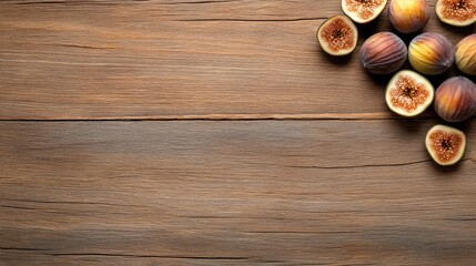 Naklejka premium Fresh figs cut in half on a rustic table, surrounded by green leaves, showcase their vibrant color and delicious interior