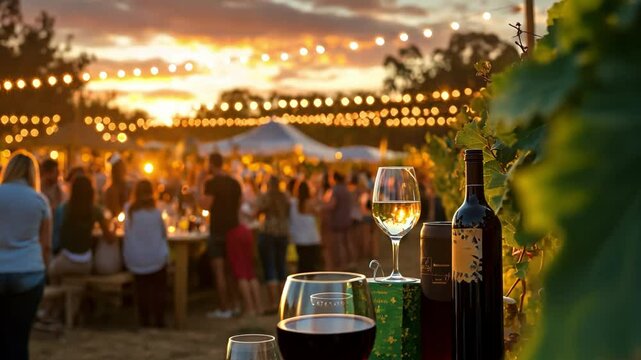 A glass of wine being poured at a sunset festival, surrounded by vineyards, happy people, and string lights creating a magical atmosphere