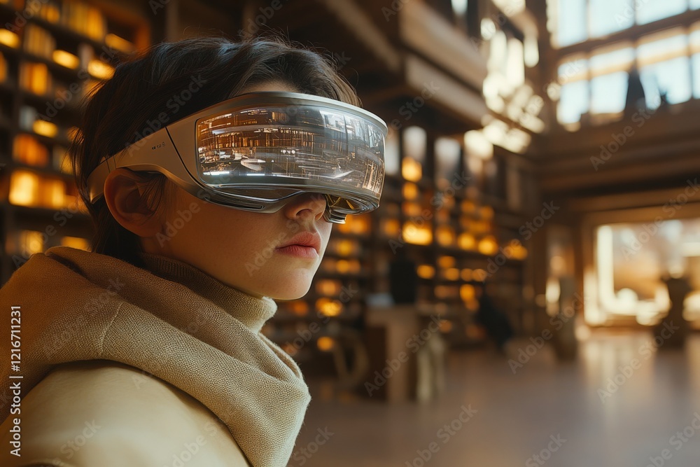 Poster Child exploring virtual reality in a futuristic library filled with books during daylight hours