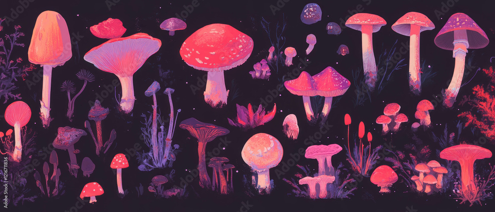 Poster varied colors and soft textures of cooked mushrooms displayed artistically with vibrant hues