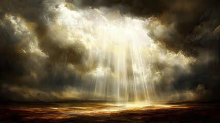 Obraz premium a celestial storm of glowing white and golden hues, illuminated clouds rolling with fiery undertones, beams of heavenly light piercing through
