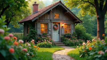 Charming Rustic Cottage nestled in a vibrant garden with a stone pathway leading to its inviting entrance, illuminated by warm evening light.