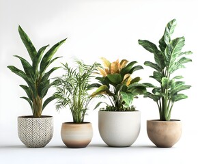 Obraz premium a modern, stylish set of 5 potted plants with large leaves, artistic flower pots of different sizes and shapes