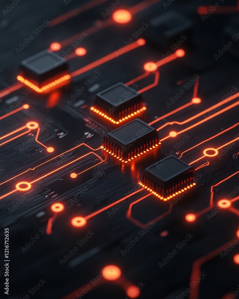 Poster Futuristic Cybersecurity Design Neon-lit Circuit Board with Microchips - Proactive Digital Security and Advanced Tech Solutions for Business Infrastructure