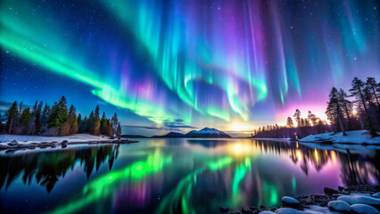 Fototapeta premium Majestic aurora borealis reflecting on calm lake with vibrant colors
