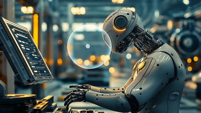In a spacious factory, a robot is programmed to manage production tasks while interacting with a control panel. This advanced technology enhances operational efficiency and precision.