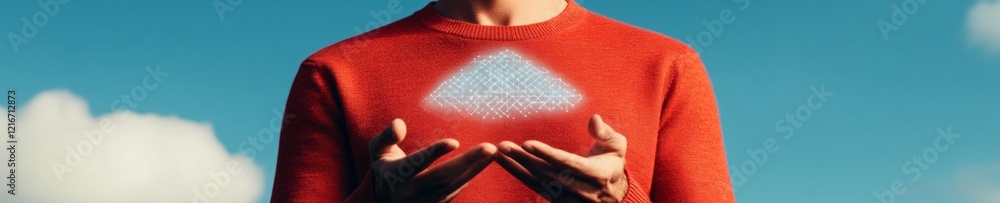 Aufkleber Minimalistic Digital Aura Man in Orange Sweater Holding Holographic Data Network for Secure Cloud Computing - Tech Innovation in Personal Privacy and Business Data Solutions