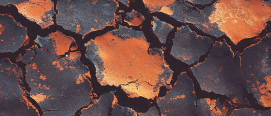 Cracked lava texture with glowing orange highlights and jagged edges under dim lighting