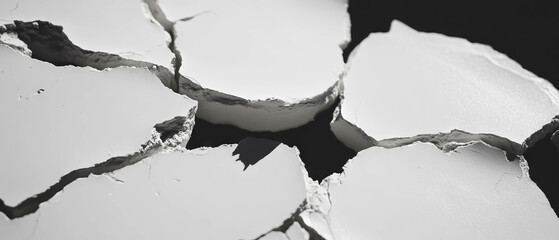 Cracked plaster texture showcases varying depths and rough white surface details