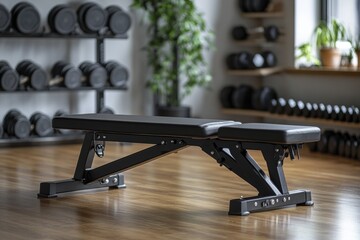 Serene gym setting with empty workout bench and weights for fitness enthusiasts