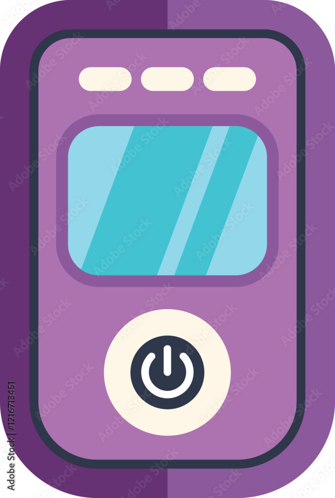 Poster simple flat illustration of a purple portable music player displaying the power button interface