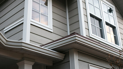 Modern House Exterior: Gray Siding, White Windows, and Clean Lines. The image showcases the architectural details of a contemporary home, highlighting its sleek design and modern aesthetic.