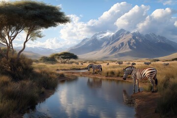 Grazing zebras near a shimmering watering hole under a vast blue sky in the African savanna. Generative AI