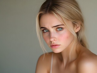 Naklejka premium Portrait of a girl with acne. Captivating Close-Up of a Young Woman With Striking Blue Eyes and Natural Makeup Capturing a Moment of Contemplation in Soft Lighting
