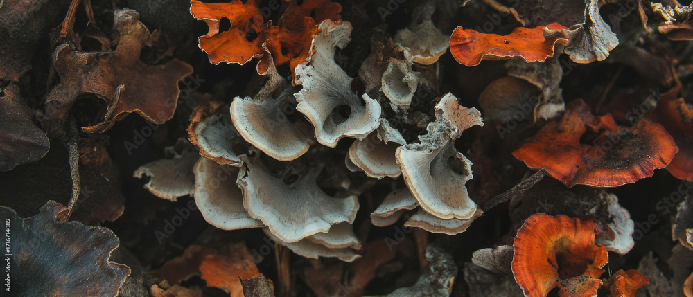 Poster decomposing mushrooms display rich colors and intricate textures in nature's decay
