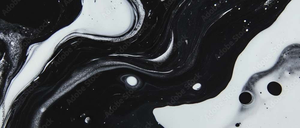 Poster Digital black ink patterns create smooth curves on a contrasting white background