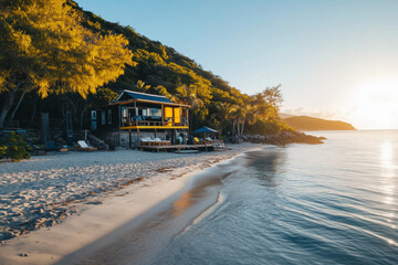 Landscape view of beachside resort with peaceful vibe, Scenery view of restaurant near the beach with sunset view.