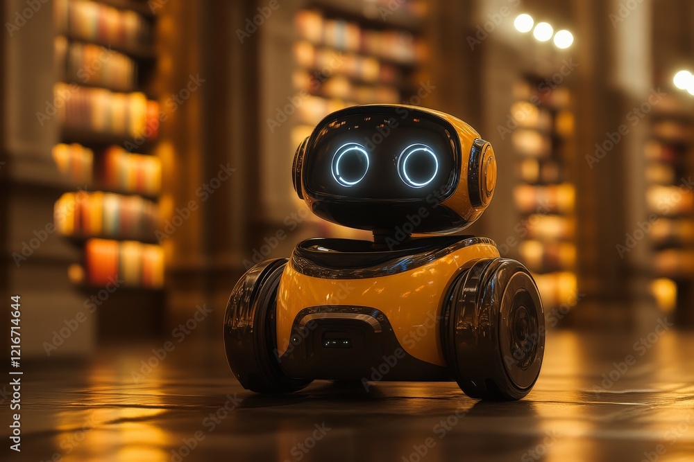 Poster Small robot exploring a library filled with books during evening hours