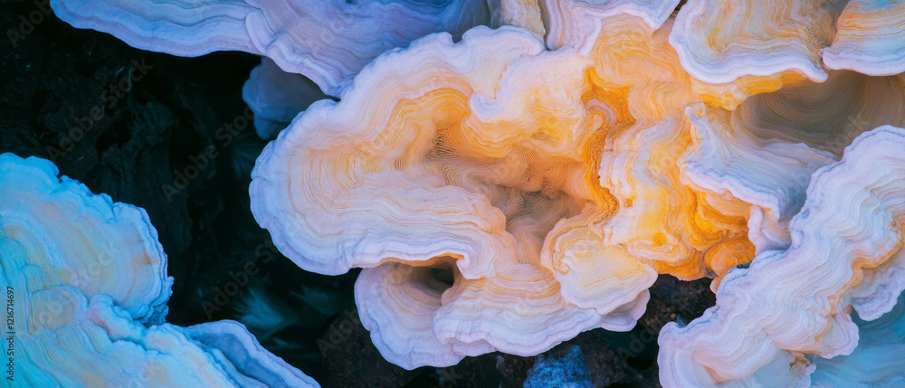 Poster dried mushrooms with vibrant colors and unique wrinkled textures on display