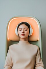 Y3K Aesthetic Focus Zone Young Asian Entrepreneur in Sci-Fi Workspace with Neon Lighting - Innovative Business Growth via Futuristic Branding and Digital Engagement