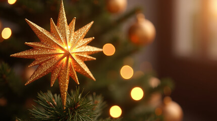 Shining Golden Star: Macro Photography of a Christmas Tree Topper