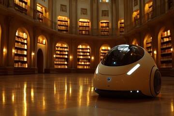 Innovative robot navigates a grand library filled with towering bookshelves and warm lighting