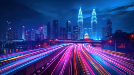 A vibrant cityscape at night with light trails and iconic skyscrapers.