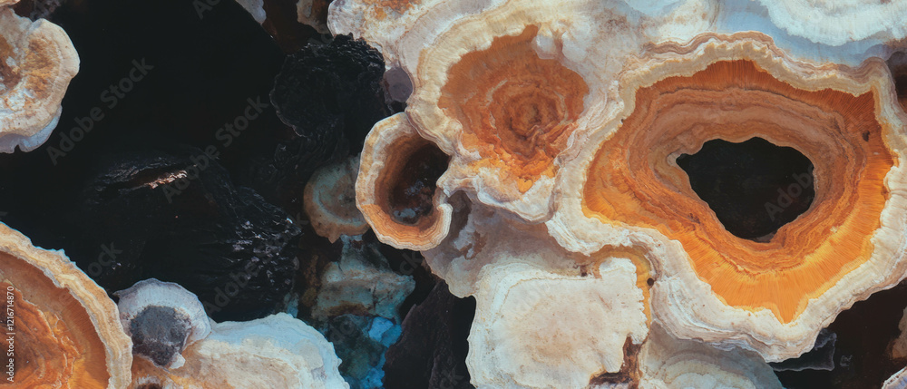 Poster exploring the intricate textures and colors of dry mushroom surfaces in natural settings