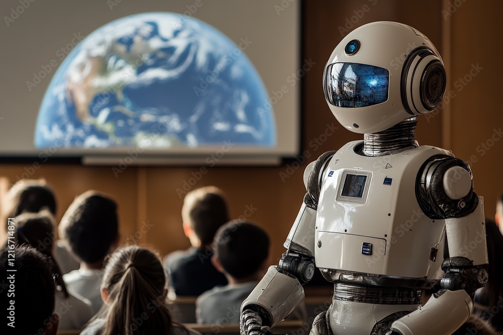 Aufkleber robot teaches children about earth in a classroom setting during an educational session