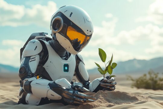Robot carefully planting a sapling in arid landscape under bright blue sky during the afternoon - Powered by Adobe