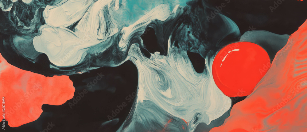 Poster Intricate feathered ink patterns with striking red shapes create a vivid visual experience