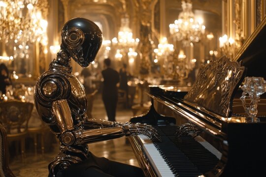 Robot pianist performs in an opulent ballroom with ornate chandeliers during an elegant evening event