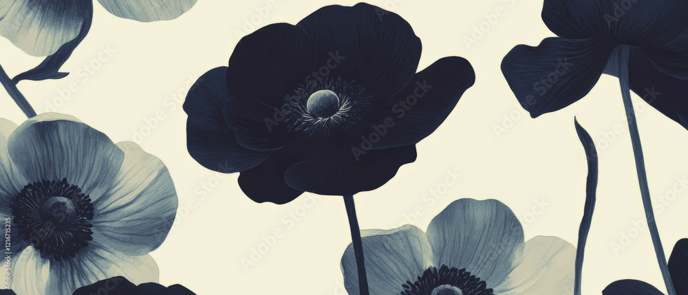 Aufkleber elegant black ink floral patterns on a soft white watercolor background for design projects