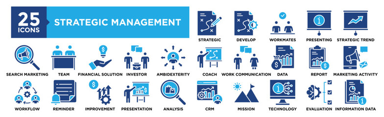 Strategic Management icon collection set. Containing design Strategic Planning, Develop Strategy, Check Workmates, Presenting Information, Strategic Trend	