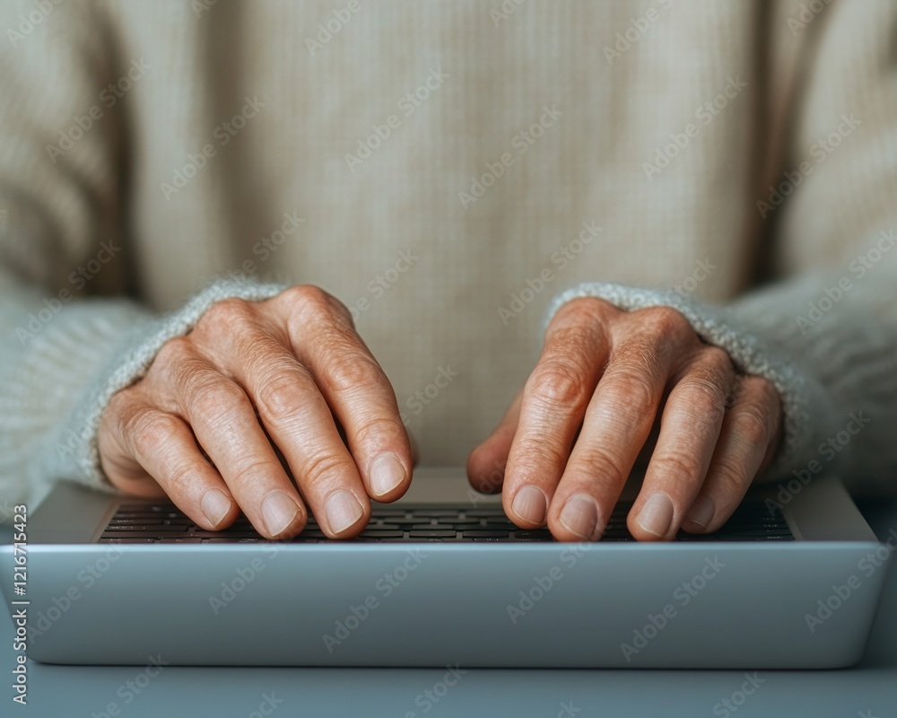Poster Cozy Tech Engagement Knitted Sweater-Clad Hands Typing on Sleek Laptop for Virtual Networking - Digital Collaboration in Professional Spaces