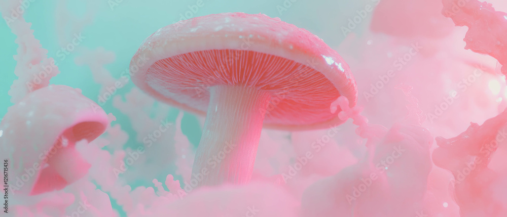 Aufkleber fuzzy mushrooms with vibrant colors and soft textures in a dreamy environment