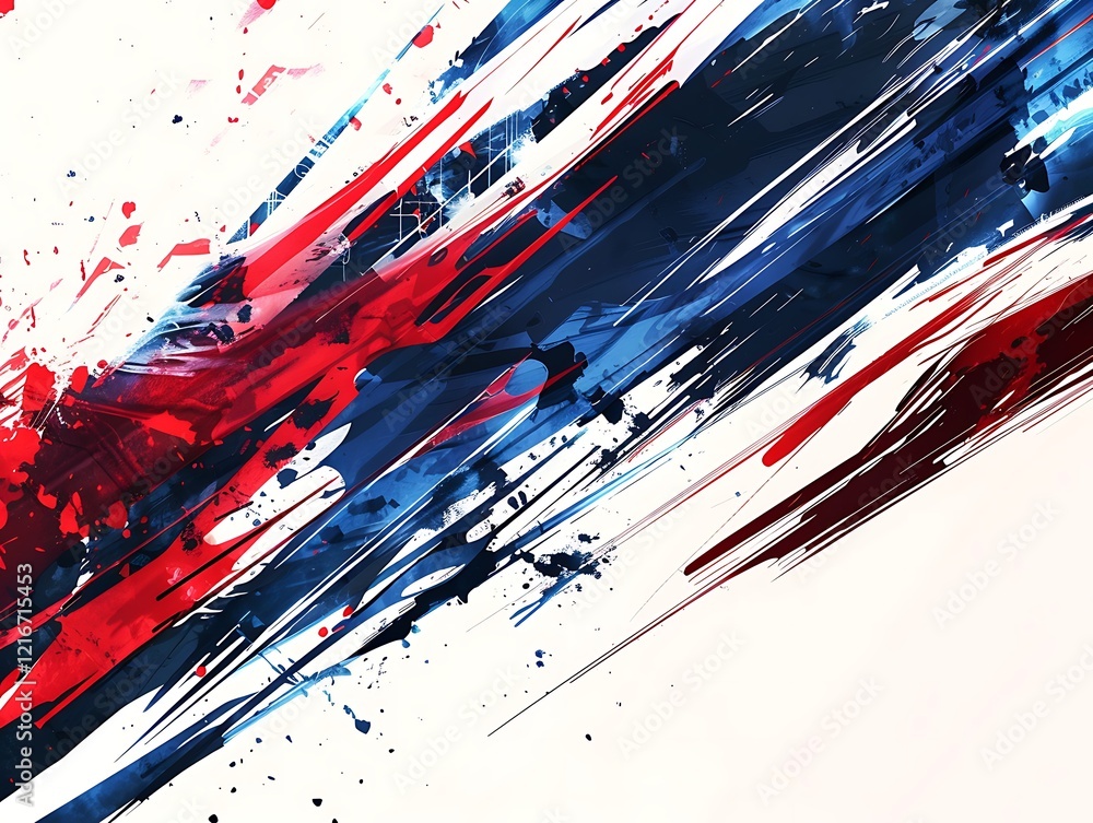 Poster an abstract artwork featuring dynamic red and blue brush strokes, creating a sense of movement and e