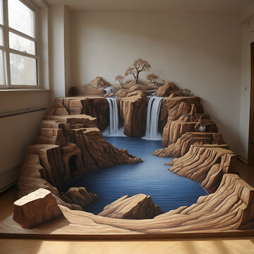 Anamorphosis art with 3D illusion featuring waterfalls and rocks in a bright indoor space