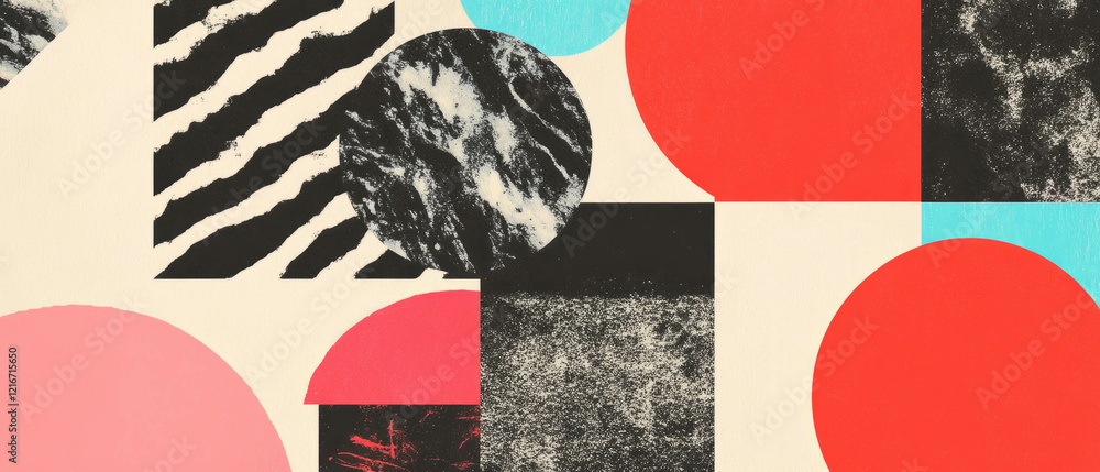 Poster Geometric ink patterns with bright red shapes and contrasting textures