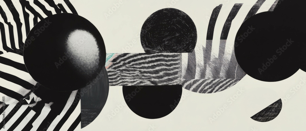 Poster geometric ink patterns showcasing contrasting shapes and textures in black and white art design