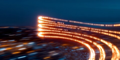 Digital Luminous Pathways Binary Code Over Futuristic Cityscape Illuminating Smart Infrastructure for Ethical AI Governance and Data Privacy in Urban Planning