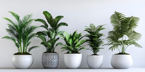 Obraz premium a modern, stylish set of 5 potted plants with large leaves, artistic flower pots of different sizes and shapes