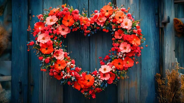 Vibrant floral heart wreath hanging on rustic blue wooden wall