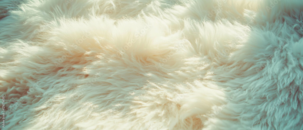 Poster soft high-pile rug showing long and loose fibers illuminated by natural light
