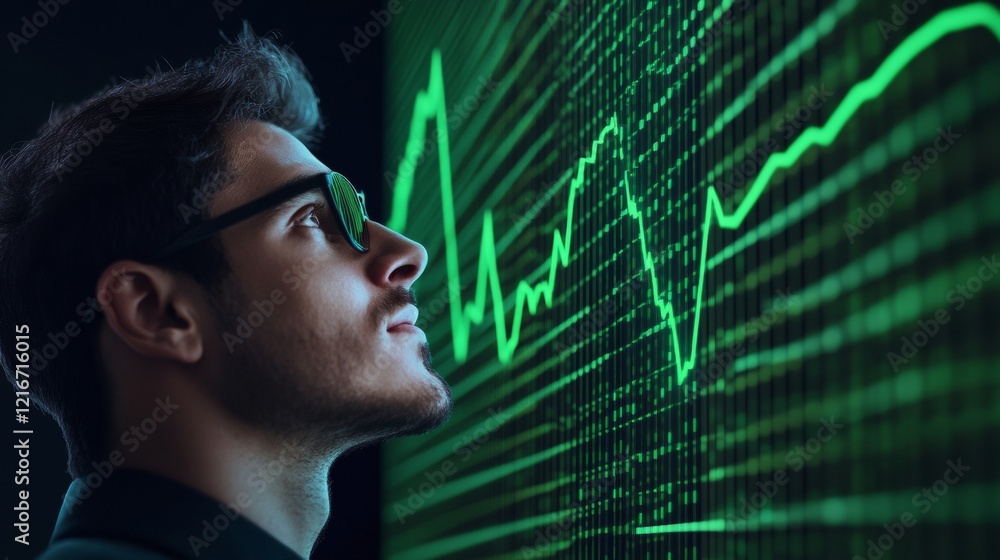 Aufkleber dynamic financial growth display green line graph on digital grid with confident man - stock market 